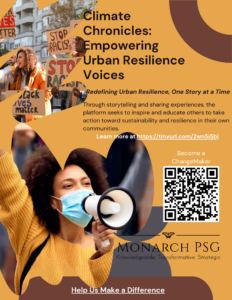 A poster showing an image of a young black woman in an orange sweater wearing a covid mask and speaking into a megaphone, and additional people demonstrating with signs that read "stop racism".