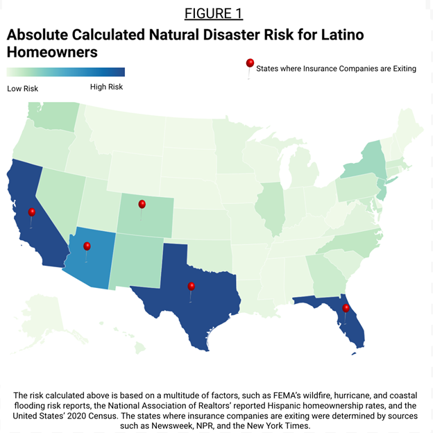 A map of the United States showing disaster risk for Latino homeowners.